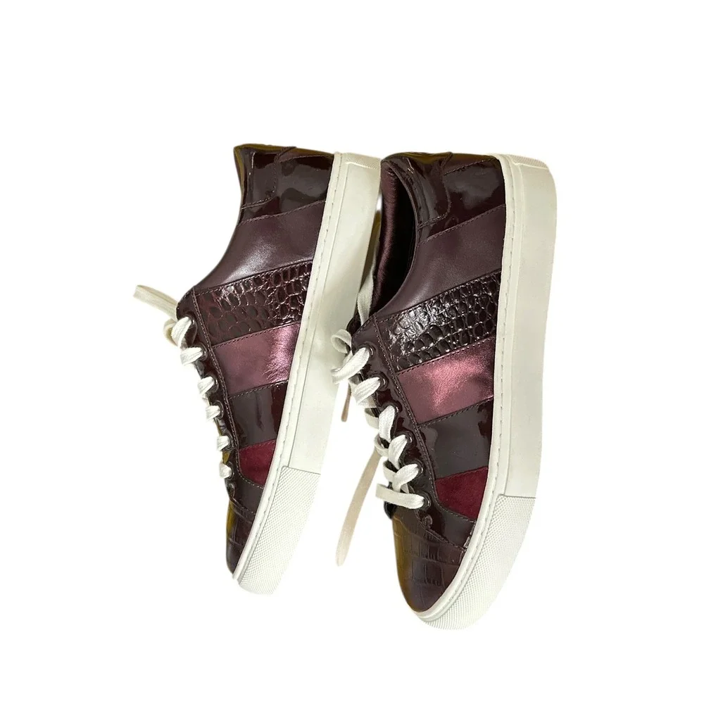 Tory‎ Burch Howell Court Sneakers Burgundy Croc Patent Leather Multi Colorblock